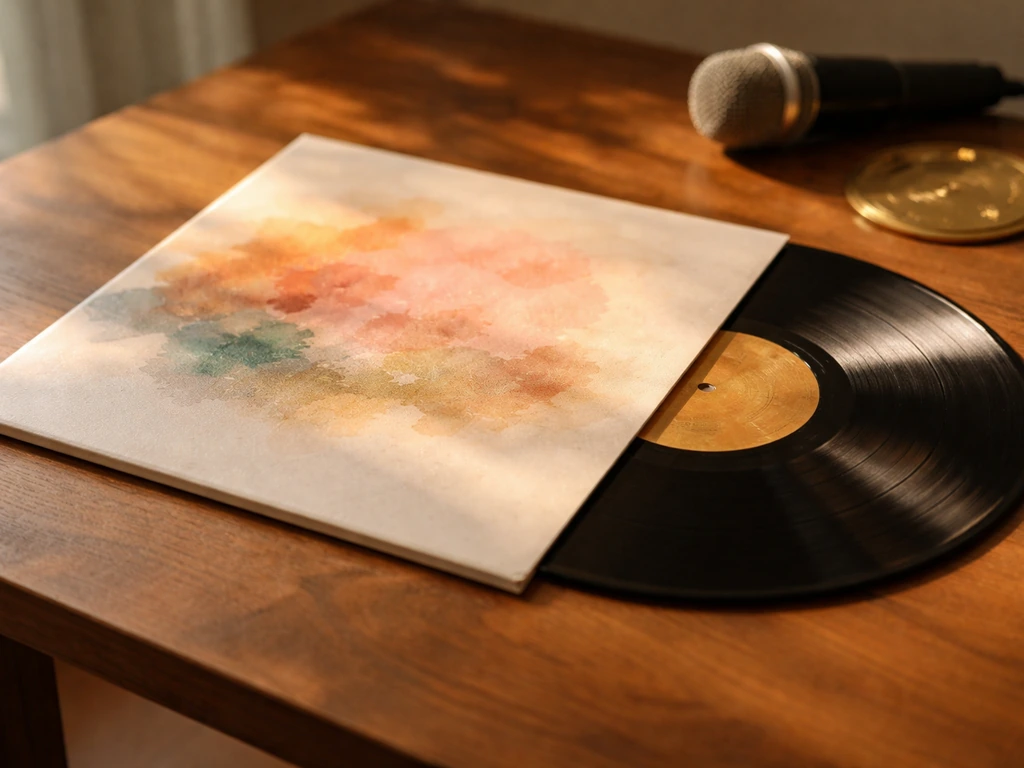 Vinyl record and album sleeve on a wooden table with a gold milestone medallion nearby.