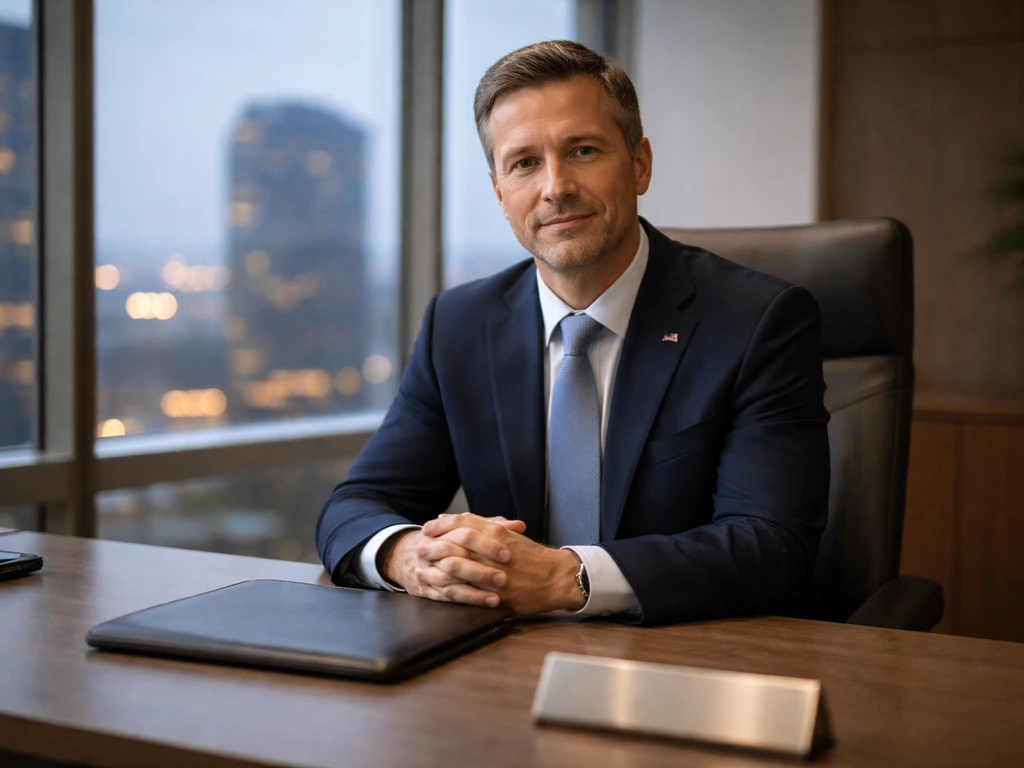 Generic executive in a modern office, suited and seated at a desk with glass city view outside.