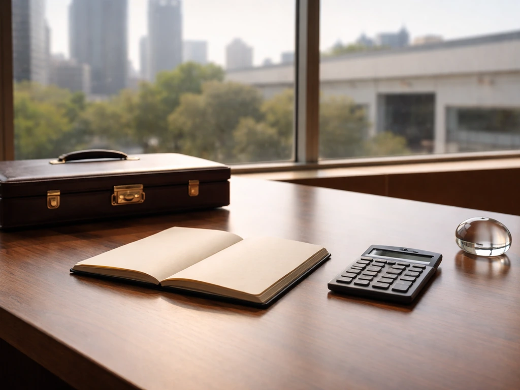 Minimal office desk scene with briefcase, blank notebook, and calculator symbolizing net worth estimation components.