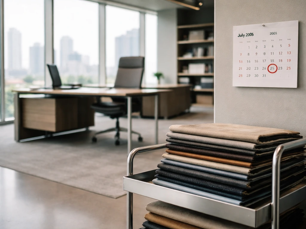 Minimal showroom scene with an executive desk and a July 2005 calendar page in view.