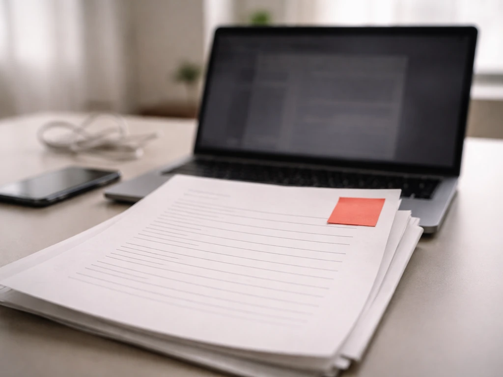 Open laptop and documents with a blank sheet and red warning note, suggesting missing citations and red flags.