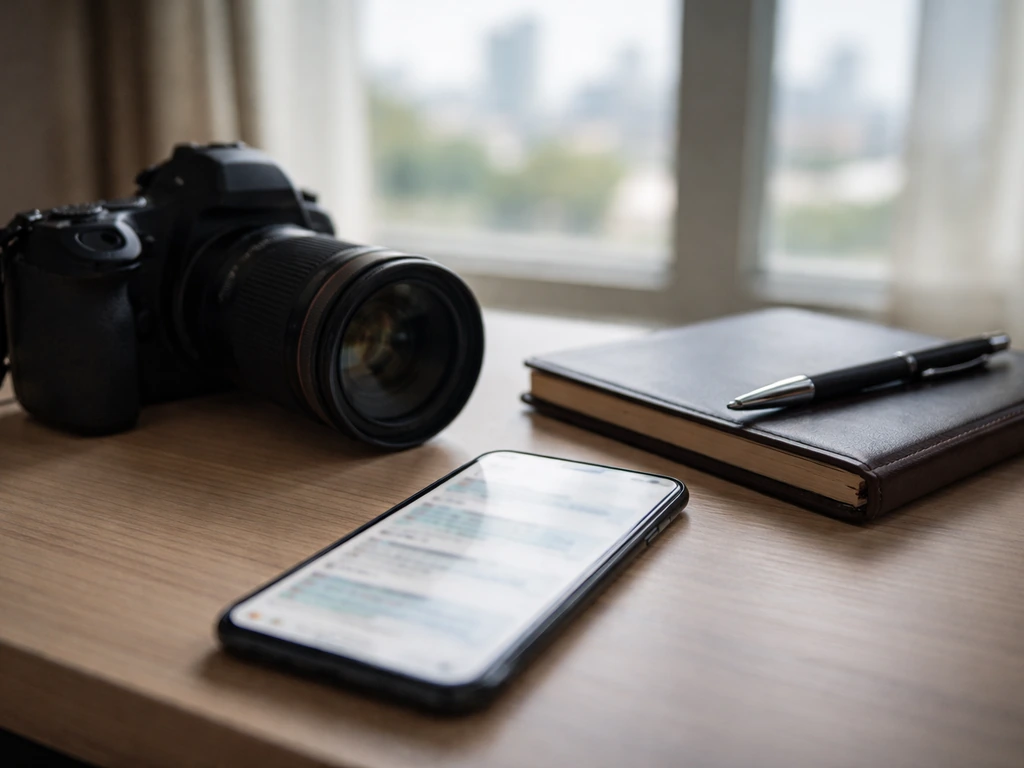 Minimal desk scene with camera and smartphone, symbolizing media research and net worth source verification
