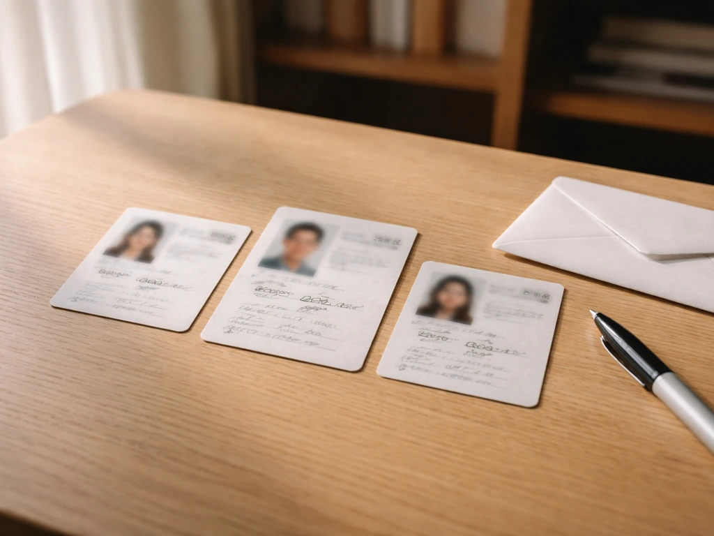 Minimal desk scene with three anonymous identity cards and handwritten name variants for disambiguation
