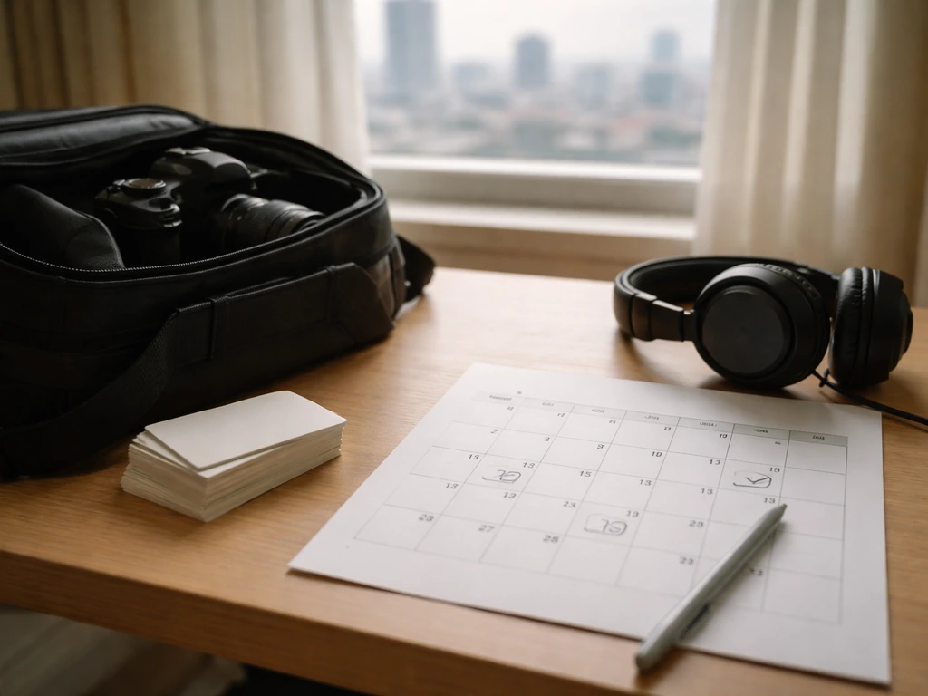 Minimal studio desk with camera gear and an unused calendar, symbolizing a career timeline and wealth-building.