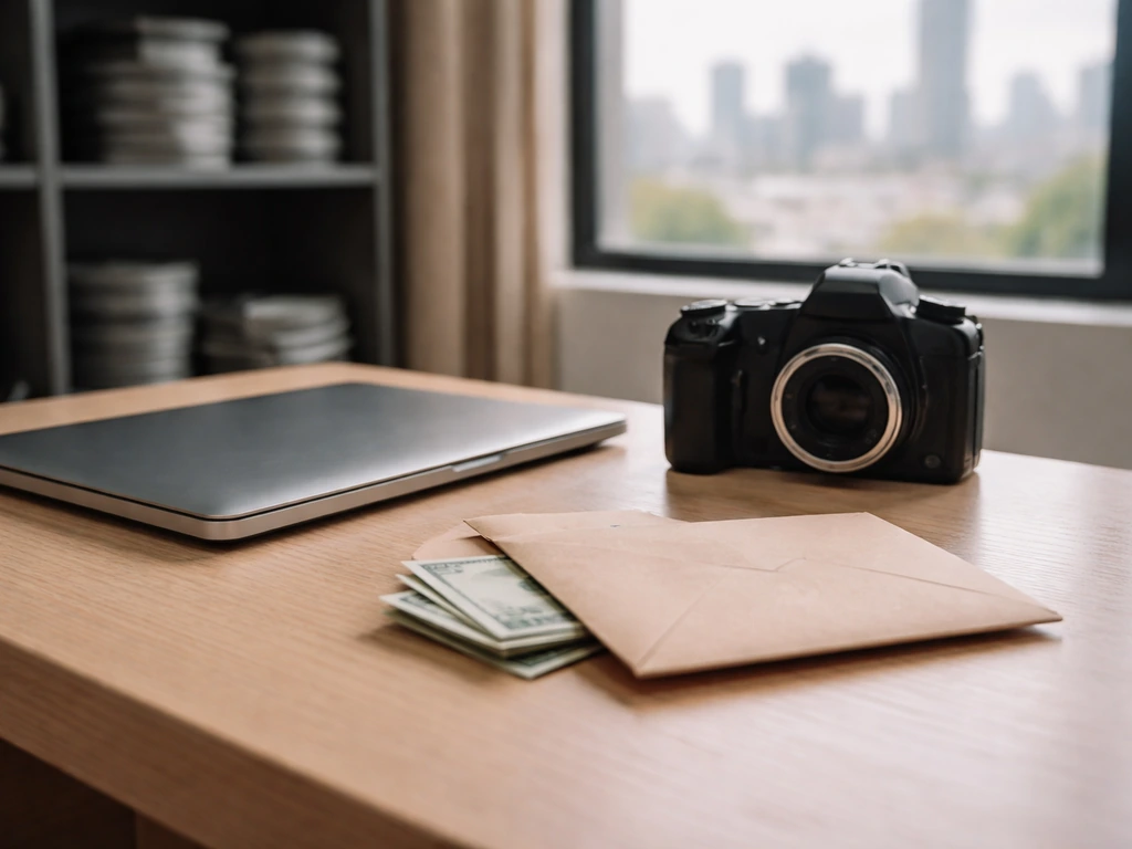 Minimal studio-office scene with a closed laptop and cash envelope symbolizing wealth comparison in media