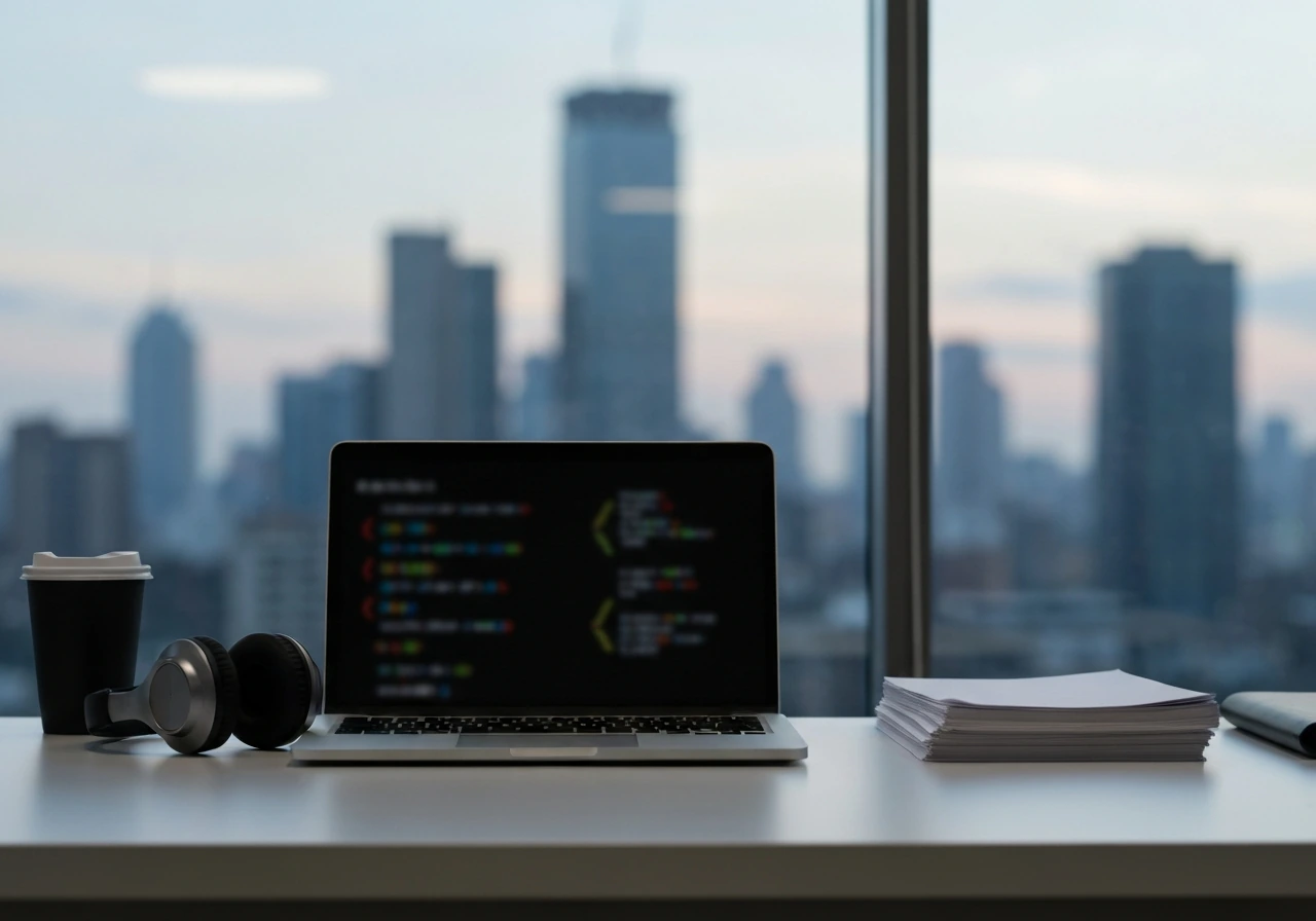 Minimal tech office desk scene with laptop, coffee, and blurred city skyline suggesting data wealth estimation