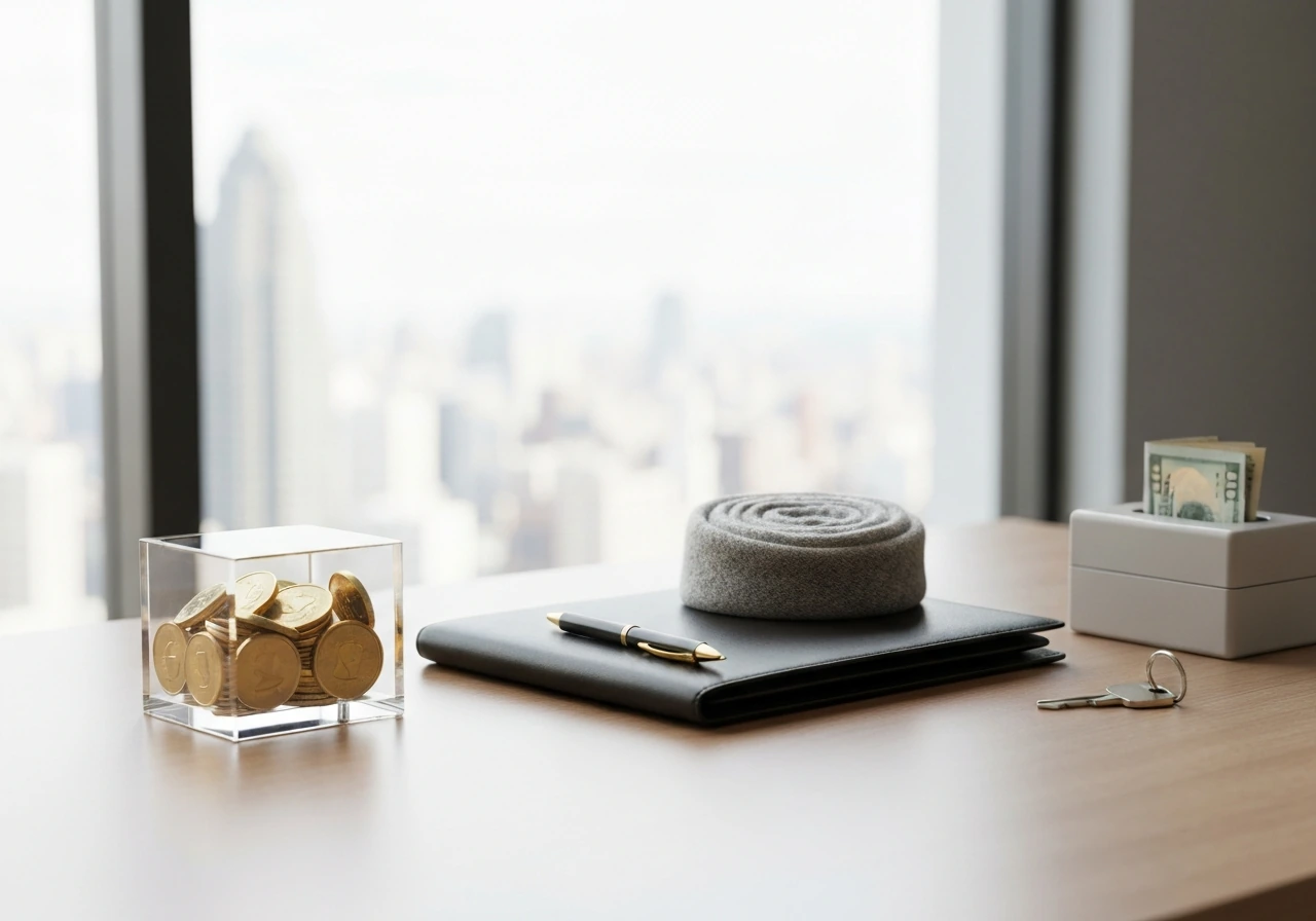Minimal desk scene with three separated items symbolizing equity, savings, and liquidity after a sale.