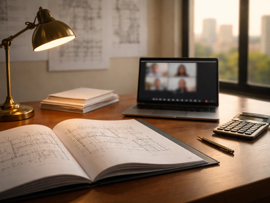 Architecture studio desk with blank documents and tools suggesting analysis of a net worth estimate