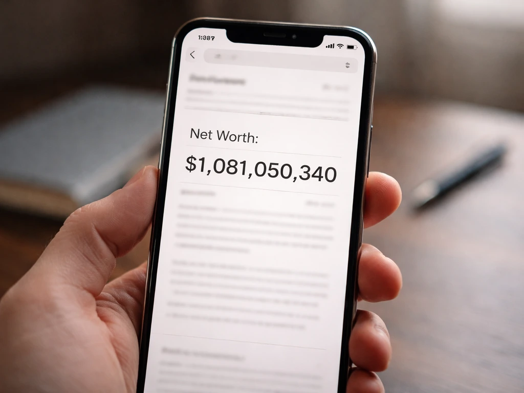 Close-up of a smartphone showing a generic financial webpage with a large claimed figure, highlighting net worth estimat