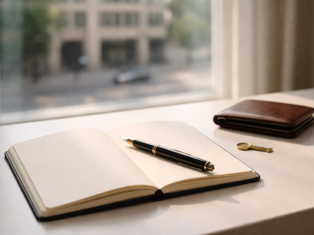 Open notebook and pen on a desk with wallet and key, softly lit by a city-view window.