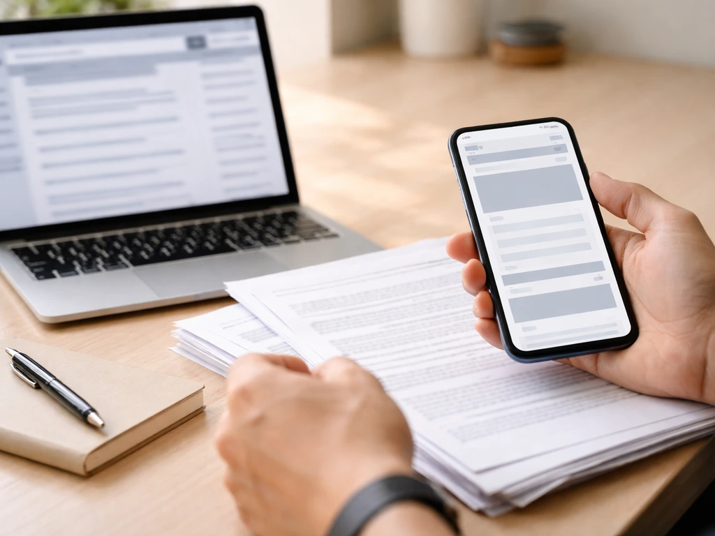 Anonymous hands compare business documents and a blurred filings-search page on a desk in natural light.