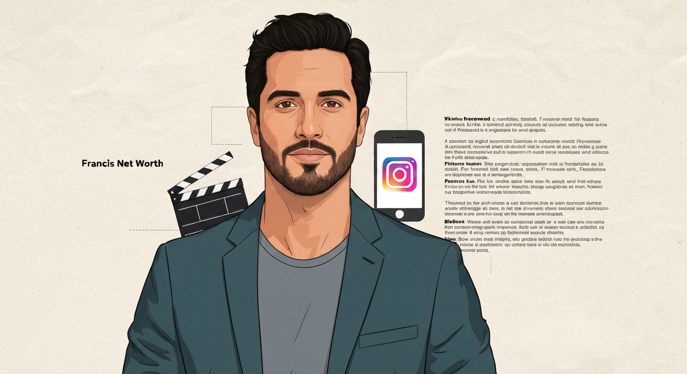 Illustrated editorial portrait of a mid-30s Mexican actor in a blazer holding a film clapboard and a smartphone with an Instagram-style icon; warm cinematic tones and textured background.