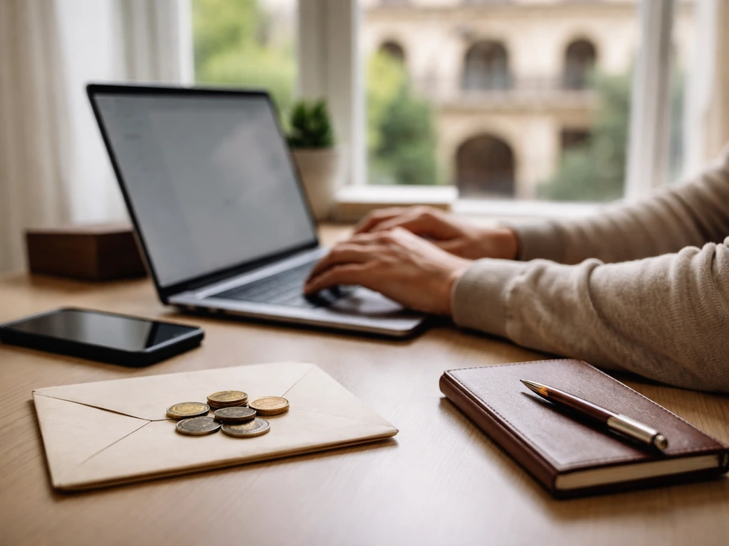 Anonymous person at a desk with coins and envelope, with a blurred old Spanish building outside the window.