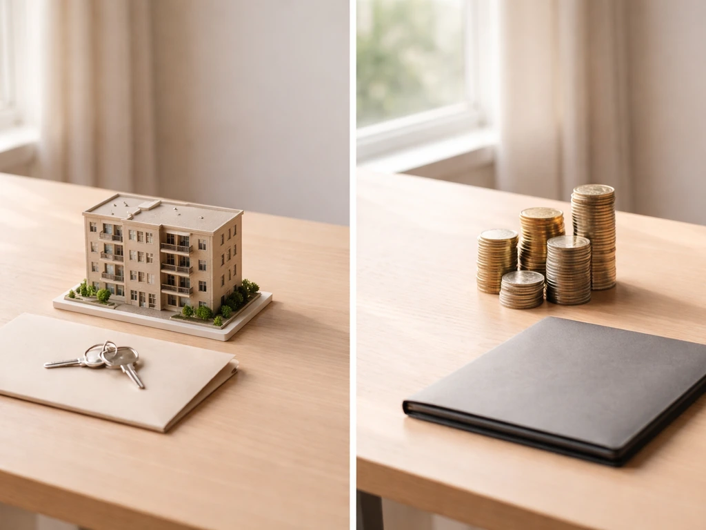 Minimal desk scene showing rental property items on one side and coins/portfolio on the other.