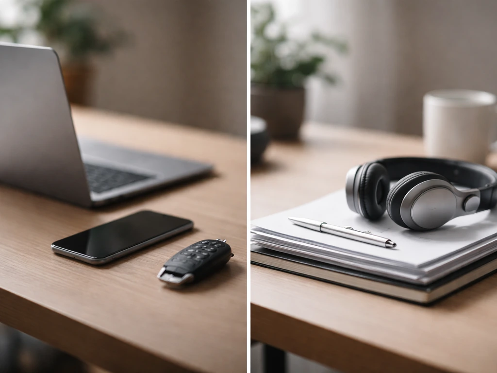 Side-by-side business desks with car key and documents, symbolizing similar names for different people.