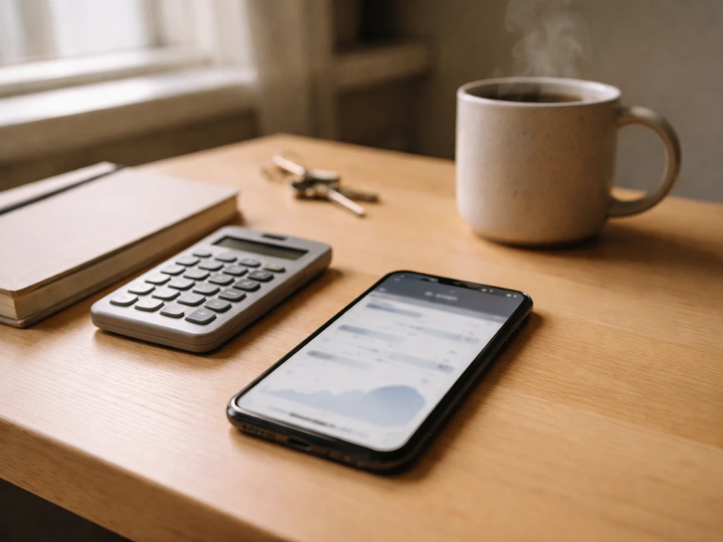 Minimal home-office desk with smartphone and calculator suggesting algorithmic finance estimates.