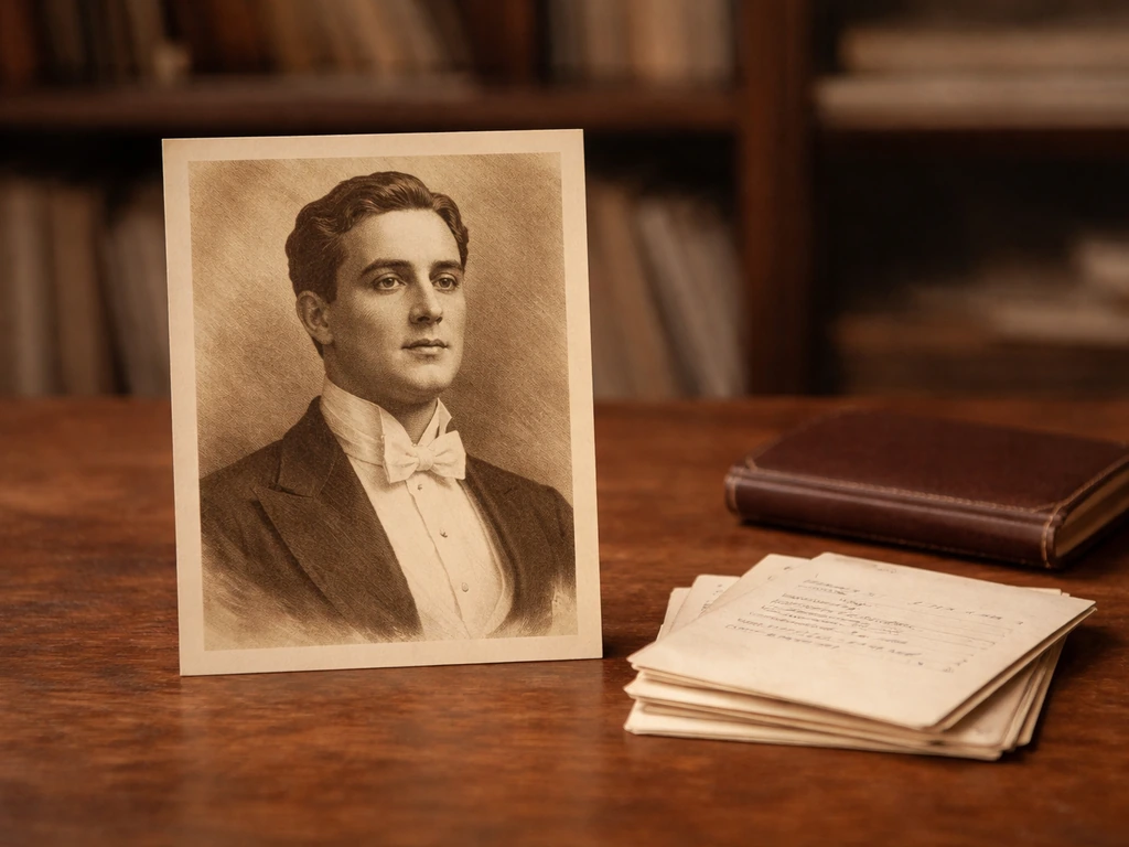Vintage opera reference scene with an anonymous tenor portrait in period costume and handwritten note cards.