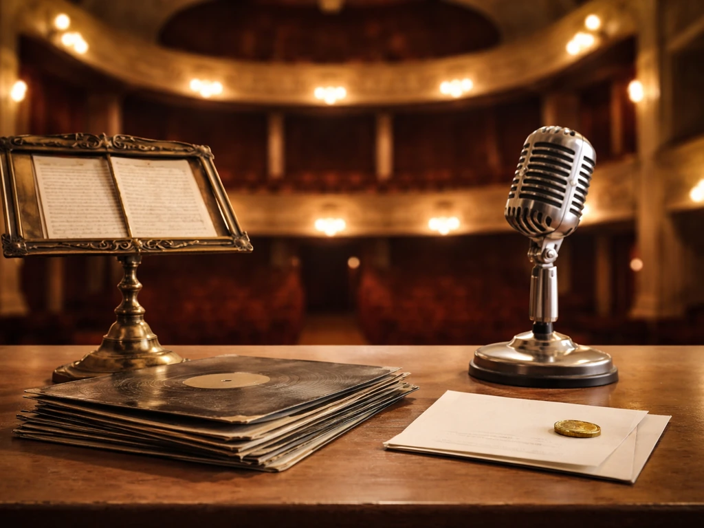 Minimal desk scene with vintage microphone, stacked vinyl, and contract paper beside an empty opera stage background.