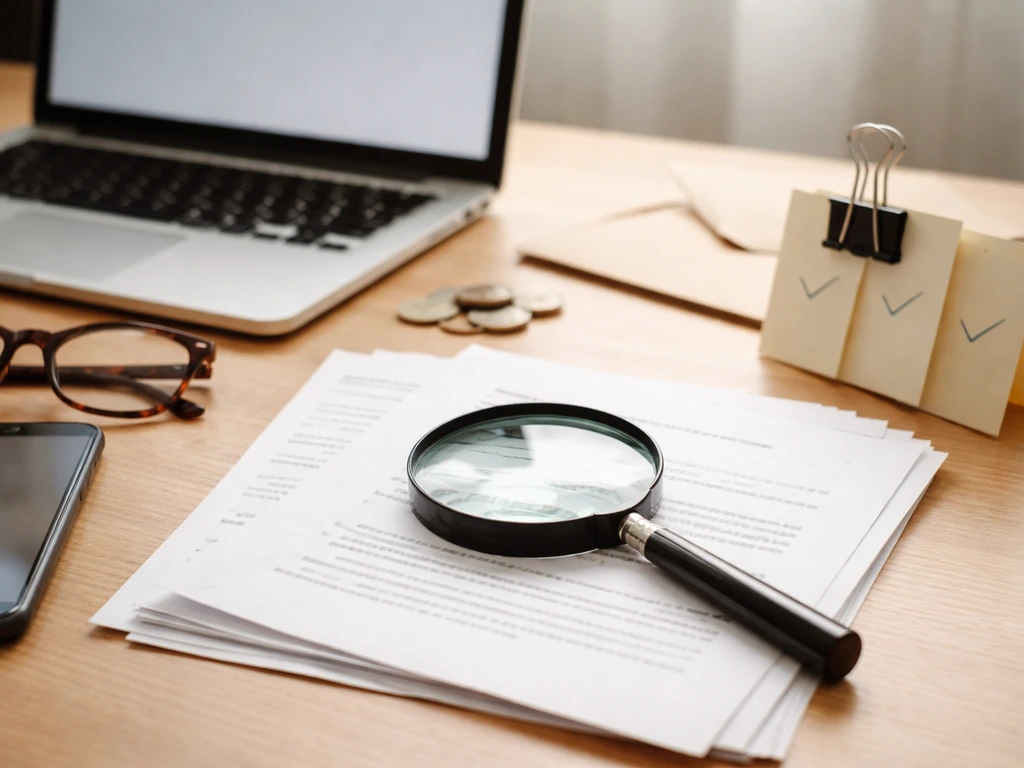Desk scene with a magnifying glass, checklist notes, and documents suggesting verification of a net worth claim