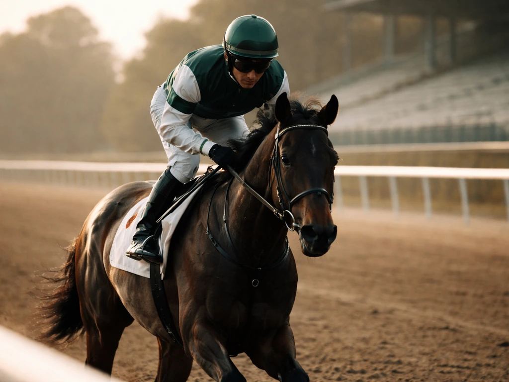 Anonymous jockey in racing silks rides a dark horse on a quiet racetrack in natural light.