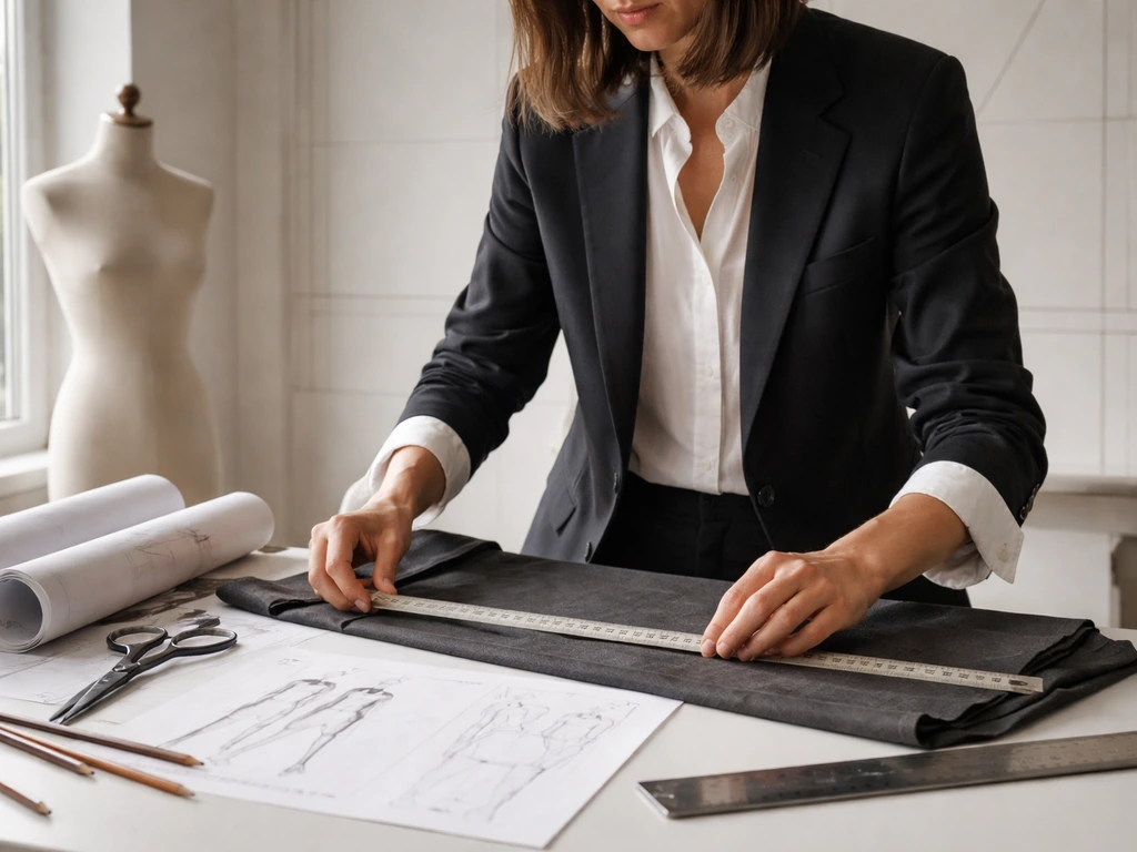 Anonymous fashion designer measuring fabric in a bright studio with drafting tools and dress form