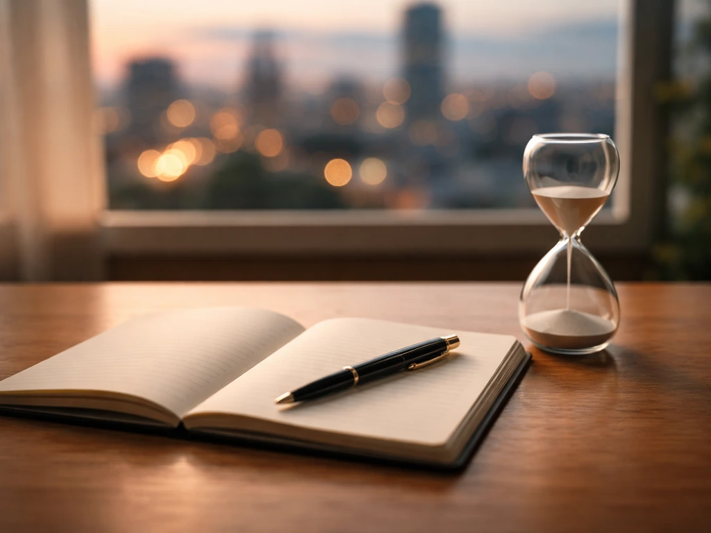 Minimal desk scene with a notebook, pen, and small hourglass beside a blurred city view at dusk.