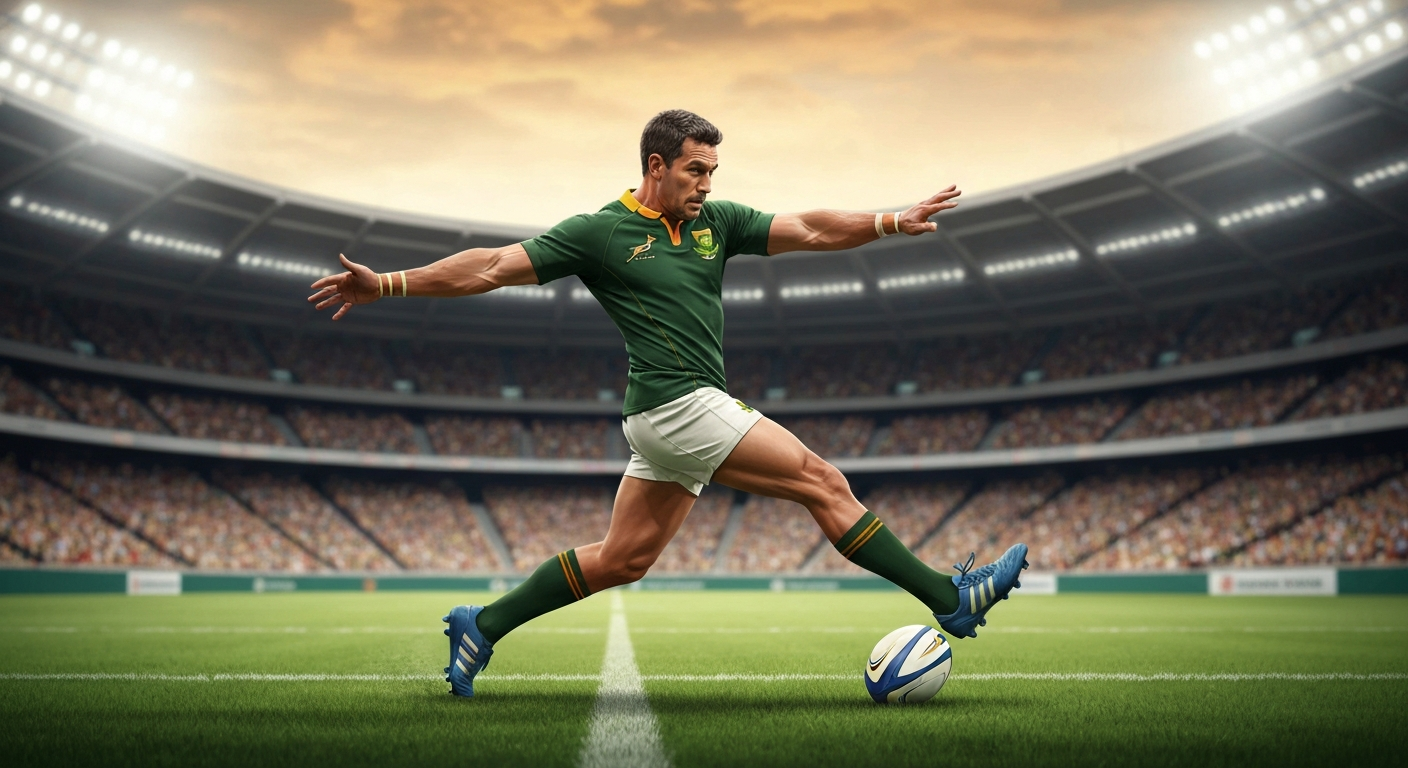 Illustration of Francois Steyn in Springbok kit kicking a long-range drop goal in a packed stadium.