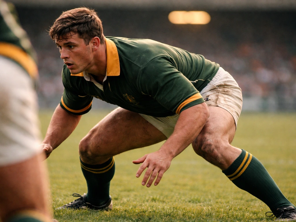 Anonymous rugby flanker in classic Springboks-era kit tackling on a grass pitch under stadium lights