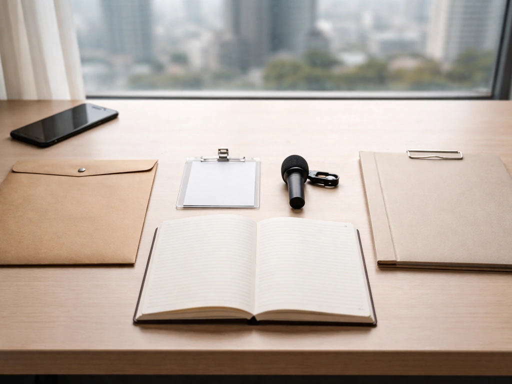 Desk scene with an open notebook and media/interview/records items symbolizing how net worth estimates are built.