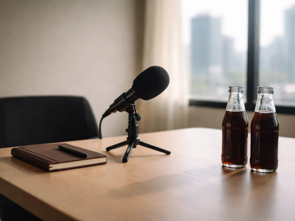 Empty modern office desk with a microphone and two branded-free bottles/glass symbolizing sponsorship and endorsements
