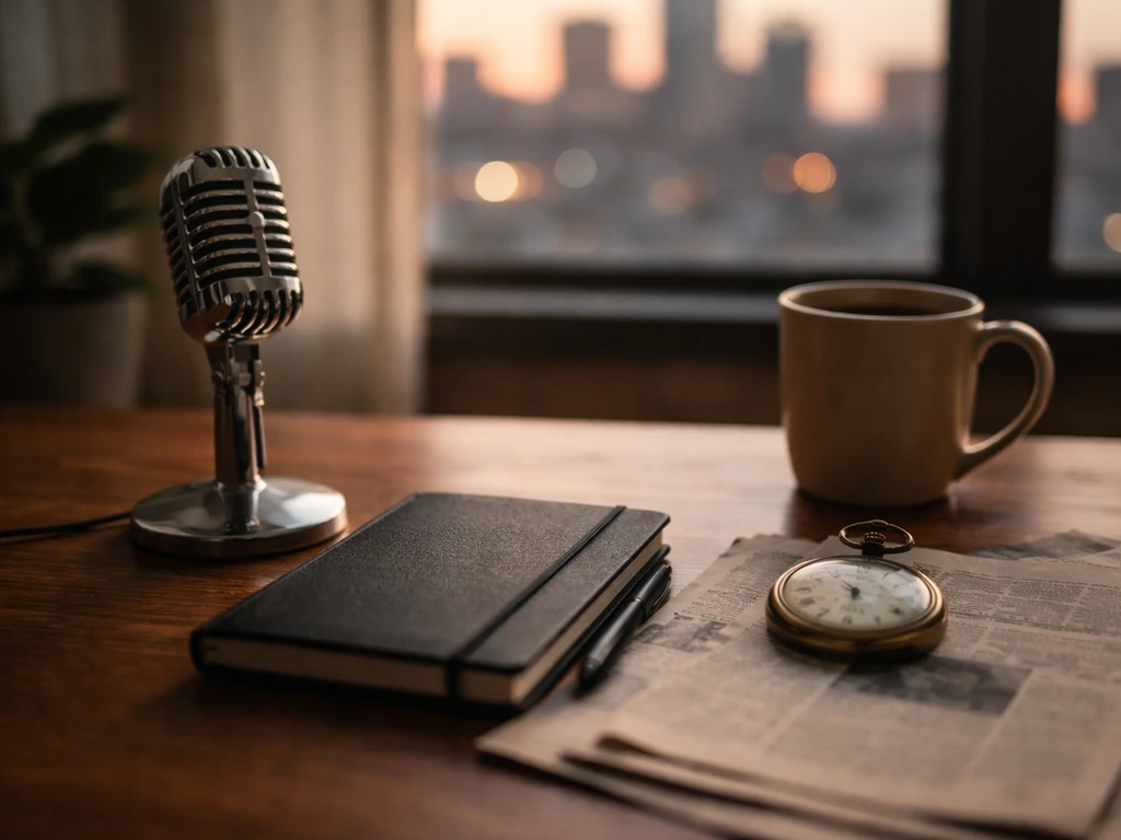 Minimal desk scene with a microphone and pocket watch near newspapers, warm light, city skyline background.